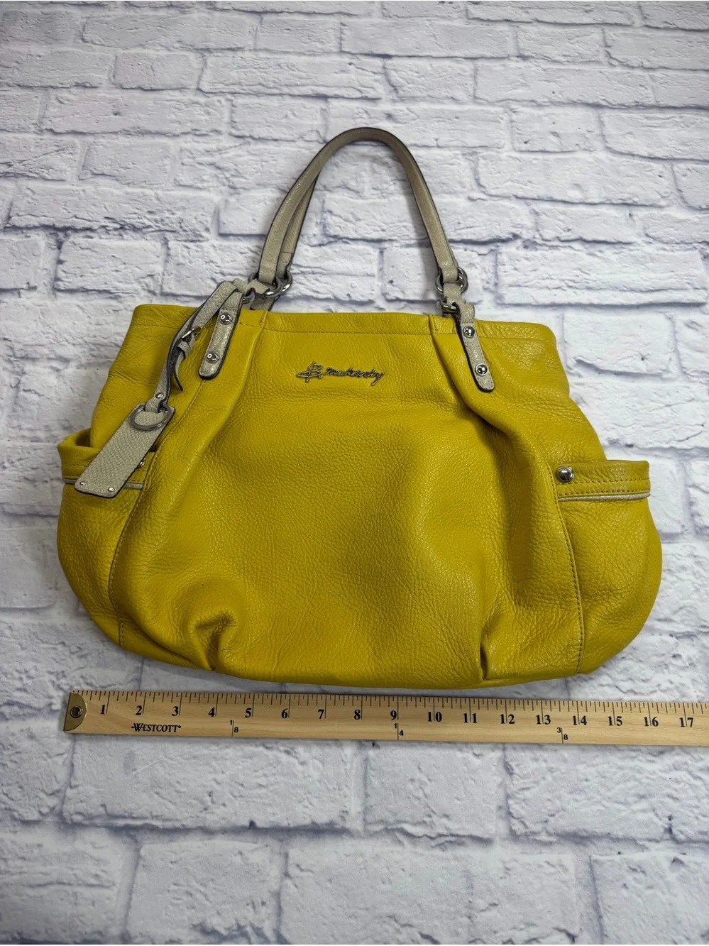 b. makowsky Yellow Pebbled Leather Tote with Neutral Trim